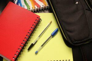 black and blue pens beside red covered notebook