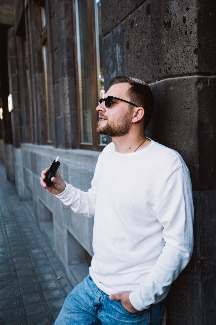 a bearded man wearing sunglasses leaning on the wall