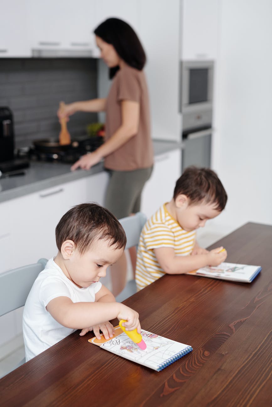 kids drawing in kitchen