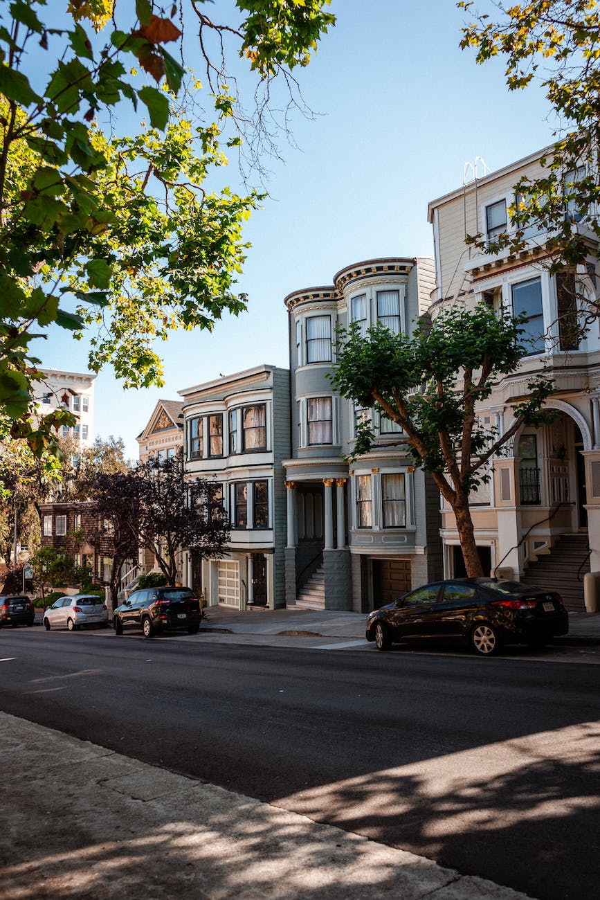 residential district with elegant houses on sunny day