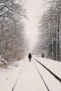 man walking on rail covered with sbow